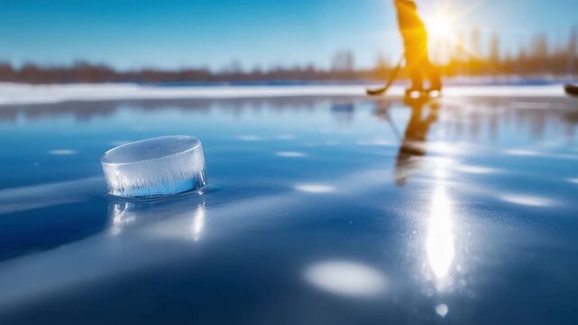 Ice Hockey Scene: A close-up shot of a hockey puck resting on a shimmering ice surface, bathed in sunlight. The image evokes a sense of winter sports, competition, and the thrill of the game.