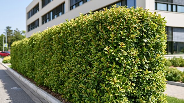 A lush green hedge borders a modern building and paved walkway on a sunny day