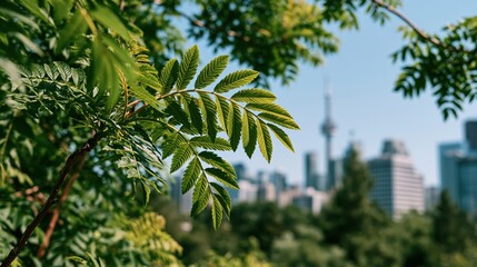 Naklejka premium Low-angle sunlight filtering through green leaves towards a modern city skyline