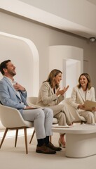 Obraz premium Three smiling people sitting on a stage having a lively discussion for corporate conference materials, business event advertising and thought leadership media