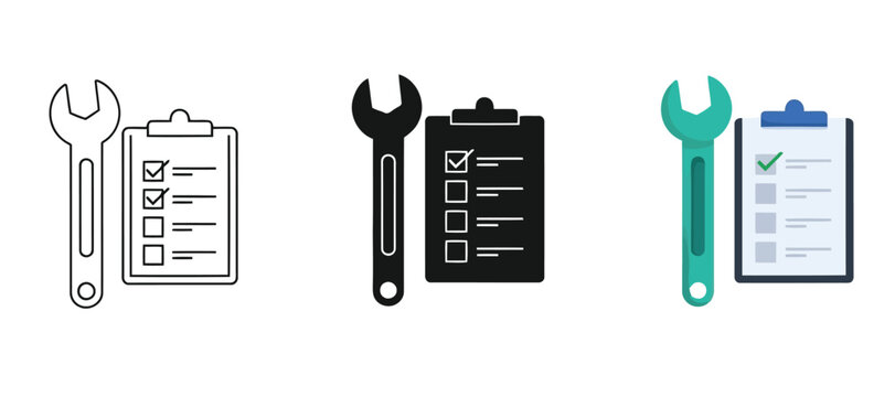 Three different colored wrenches with checklist clipboards isolated design graphics