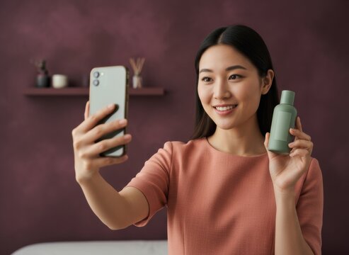 Young East Asian woman filming a selfie video while holding a product bottle for beauty vlogging, social media marketing and wellness content creator advertising