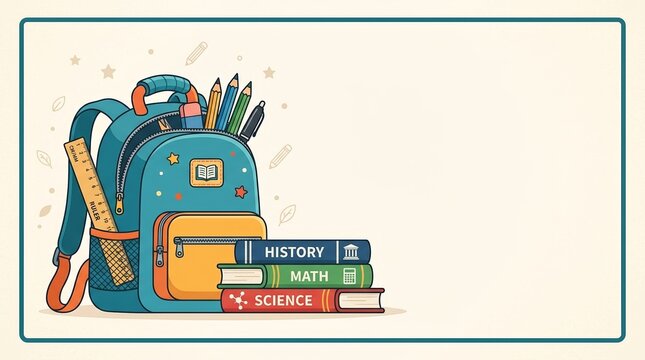 School backpack with books and supplies. Education and learning concept illustration. Back to school background with copy space