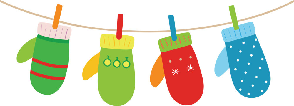 Winter mittens hanging on clothesline isolated on transparent background, christmas holiday vector illustration.