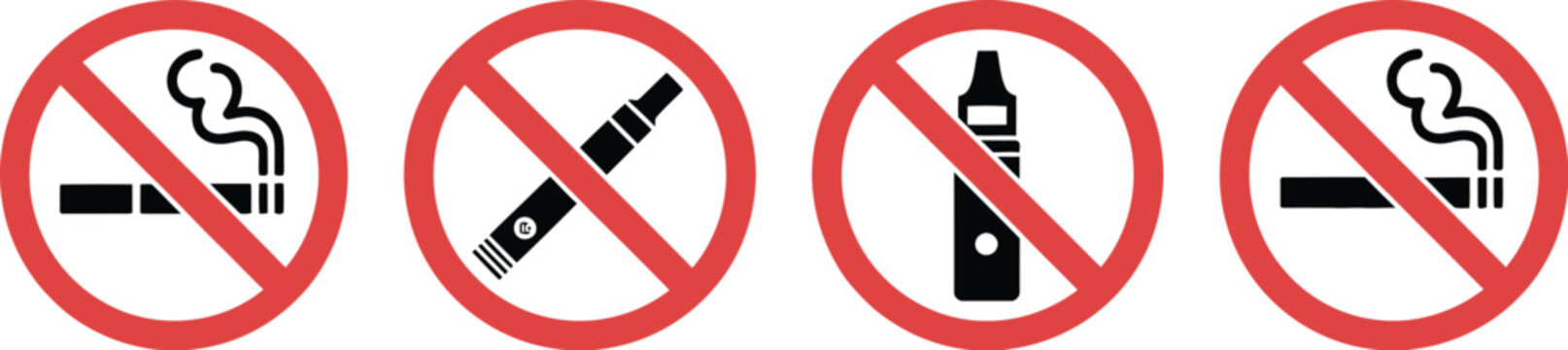 Prohibition signs set, red ban symbol icon collection featuring no alcohol no smoking and no vaping for public health safety and restricted area design use.