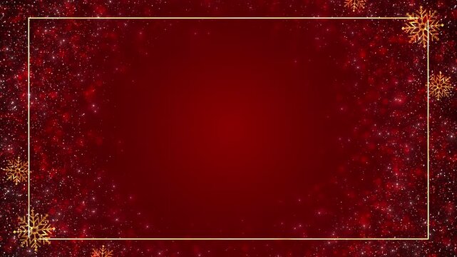 Red holiday frame gold border, glitter snow flakes, sparkling particles, festive center space. Christmas greeting cards, invitation titles, winter promos, celebration openers, elegant motion overlays.