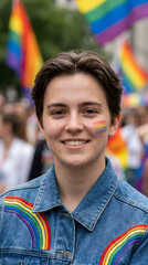 Naklejka premium Smiling young participant wearing a denim jacket with rainbow details stands at a pride parade with flags in the background, representing LGBTQ visibility and acceptance