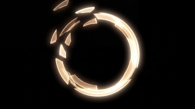 Abstract glowing golden ring with broken fragments isolated on black background