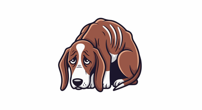 A sad, brown and white cartoon dog is curled up on a white background
