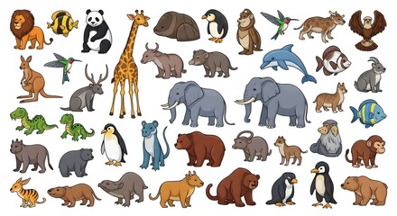 Fototapeta premium Large Collection of Diverse Wild Animals and Wildlife Species on White Background.