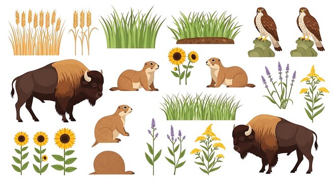 Set of prairie wildlife animals, plants, and natural landscape elements