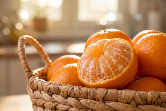 Fresh Tangerines in Wicker Basket with Peeled Segments Close-up