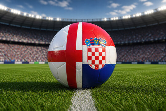 England and Croatia flags on soccer ball at stadium