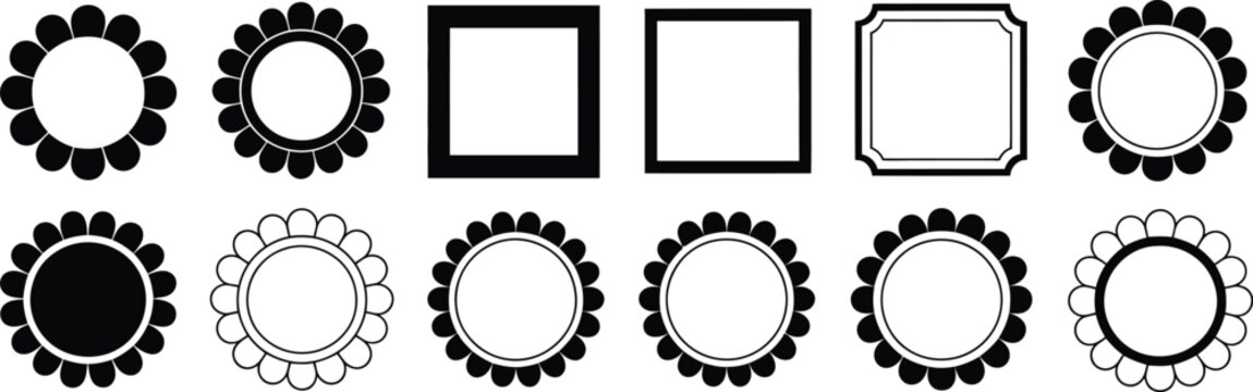 Decorative black scalloped frames set, round, square and oval badge shapes, clean vector frame collection for labels, certificates, packaging and decorative branding design.