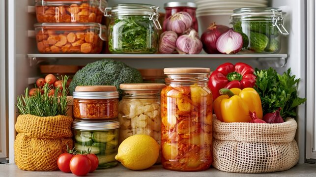 Organized refrigerator interior filled with fresh produce and preserved foods in glass jars