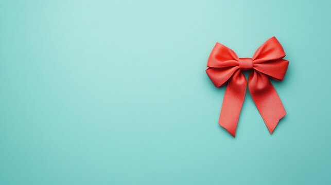 Red satin ribbon bow on teal background for gift wrapping and decoration purposes one simple elegant bow