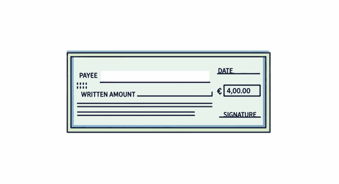 A hand-drawn check with payee, amount, date, and signature fields