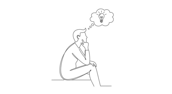 Man sitting deep in thought, contemplating a new idea with a light bulb in a thought bubble, isolated white background.