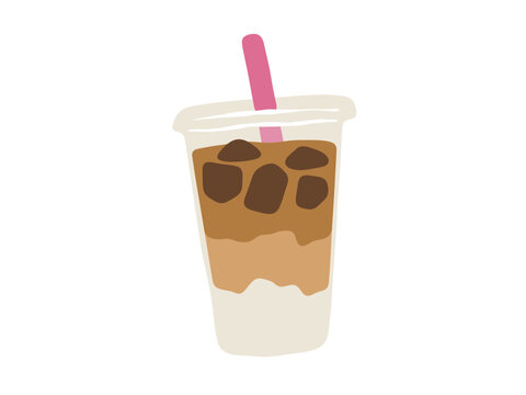 Iced layered latte in takeaway plastic cup with ice and straw, isolated flat vector illustration.