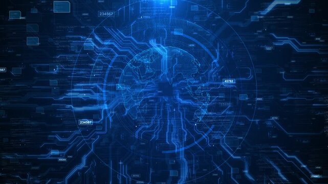 Blue digital globe background circuit lines, code layers, floating numbers, and global network detail. AI cyber security intros, data dashboards, software promos, internet concepts, finance visuals,