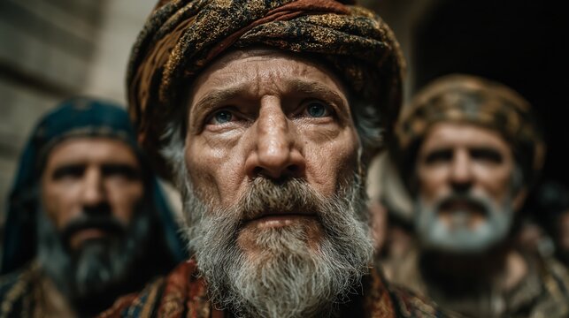 Group of ancient Israelite high society men in traditional robes, historical setting with dignified expressions, cultural heritage and elite social class concept