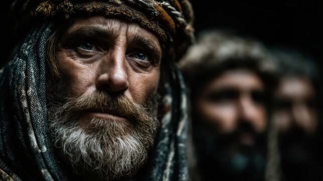 Group of ancient Israelite high society men in traditional robes, historical setting with dignified expressions, cultural heritage and elite social class concept