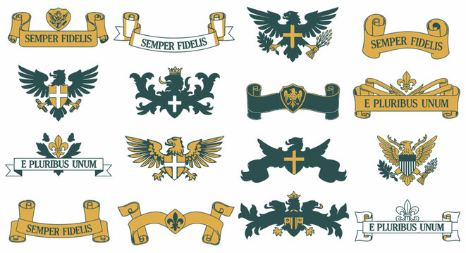 Vintage gold vector illustration set featuring a French coat of arms and crowns with floral design elements for a seamless pattern decoration