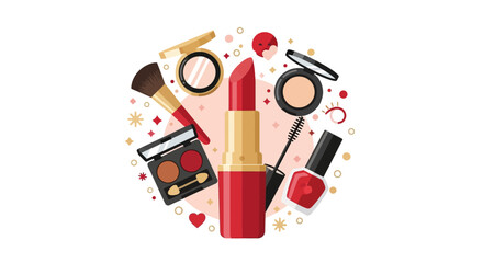 Obraz premium Cosmetic Makeup Products Flat Vector Illustration with Red Lipstick, Eyeshadow, Mascara, and Brush