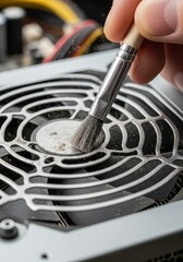 Obraz premium Person cleans dust from a computer cooling fan using a small brush.