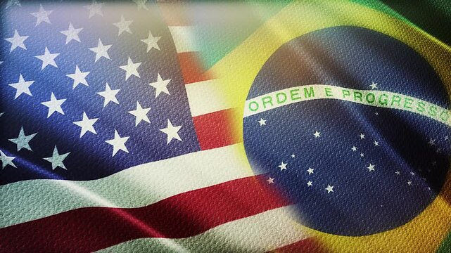 USA and Brazil Flags Waving Side by Side in Wind &ndash; International Relations, Diplomacy and Strategic Partnership
