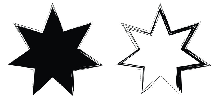 Minimalist black and white seven pointed star icons with rough hand drawn edges for celestial decorative patterns and modern artistic design elements.