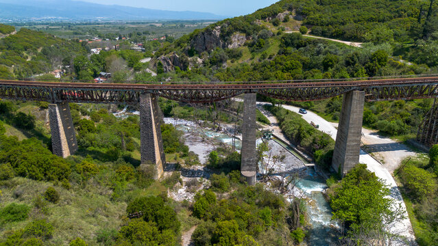  High angle view of the historic Gorgopotamos railway viaduct over the river in Greece