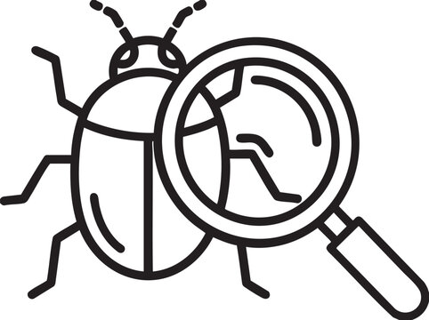 A black line drawing of a bug with a magnifying glass examining it