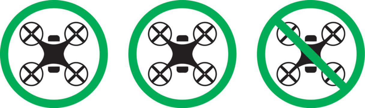 Drone not allowed red circle sign and green allowed round vector icon, 3 pictogram collection for drone regulation, permission status, safety rules and airspace control signage design elements.
