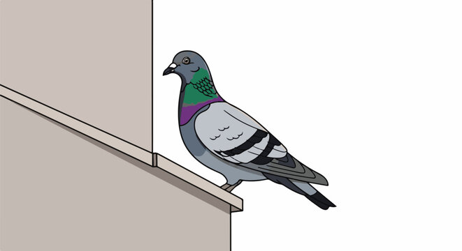 A detailed cartoon of a pigeon with iridescent neck feathers perched on a ledge