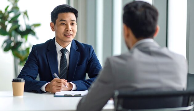 Two Asian men in suits sit at a table, one interviewing the other. A coffee cup and pen are visible. Natural light streams in