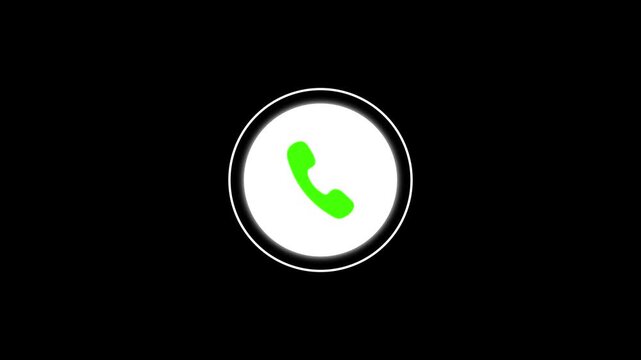 Animated incoming phone call notification with green handset symbol on white circular button isolated on black background for mobile interface and digital