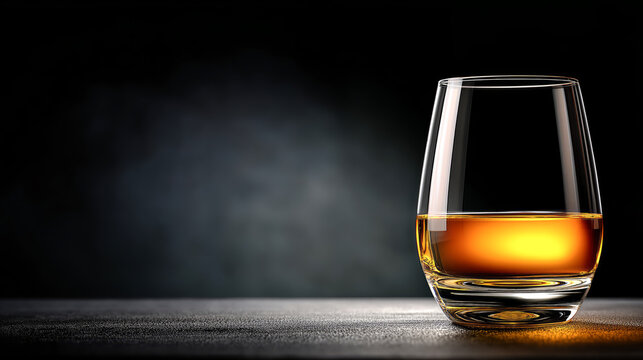 Glass of whiskey on dark background with dramatic lighting