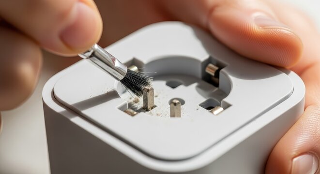 Person cleans the dusty metal prongs of an electronic power adapter with a small brush.