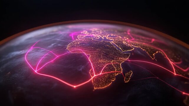 Global Network Connections: Vivid lines of light trace pathways across a digital representation of Earth, symbolizing the interconnectedness of worldwide communication.