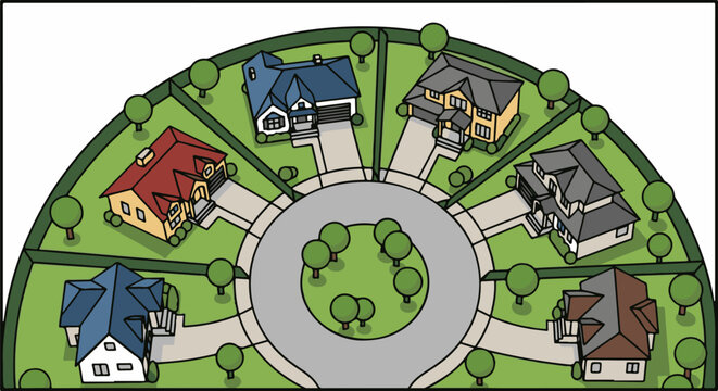 A semicircular suburban neighborhood featuring diverse houses arranged around a cul-de-sac