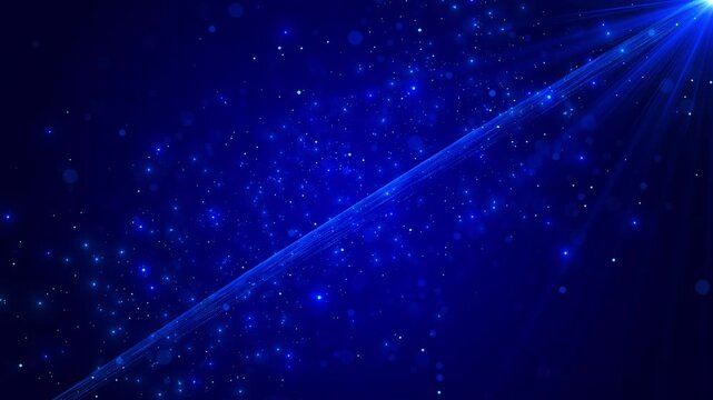 Blue diagonal light beam background glowing particle field, deep space tone, bright upper flare, cinematic energy trail. technology intros, science visuals, music videos, title reveals, cyber promos,