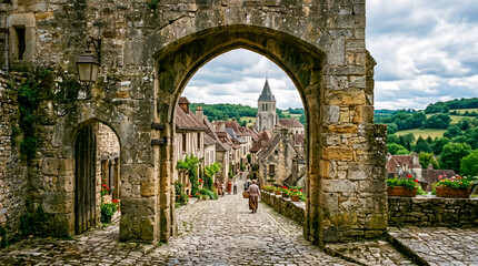 Fototapeta premium Arco de piedra medieval que enmarca una vista pintoresca de un pueblo tradicional bajo un cielo nublado. Arquitectura histórica con texturas de mampostería antigua y suelo empedrado.