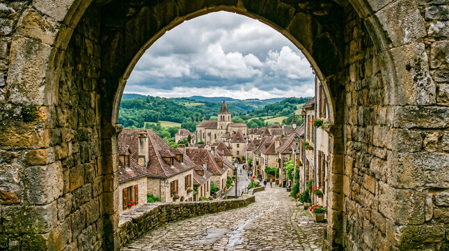 Arco de piedra medieval que enmarca una vista pintoresca de un pueblo tradicional bajo un cielo nublado. Arquitectura hist&oacute;rica con texturas de mamposter&iacute;a antigua y suelo empedrado.
