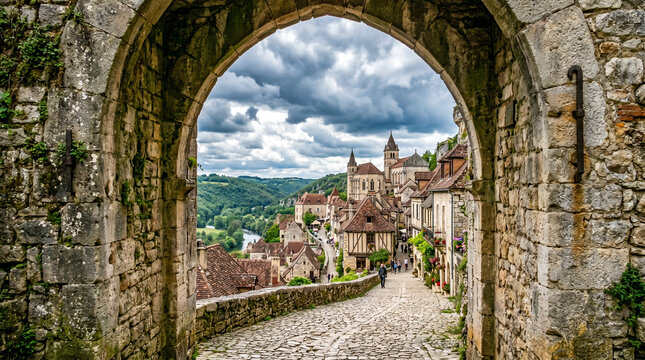 Arco de piedra medieval que enmarca una vista pintoresca de un pueblo tradicional bajo un cielo nublado. Arquitectura hist&oacute;rica con texturas de mamposter&iacute;a antigua y suelo empedrado.