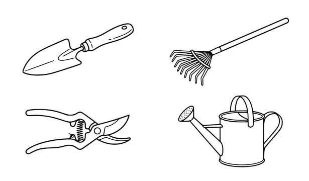 Minimalist black and white gardening tools vector illustration set clean line art outline of trowel rake shears and watering can