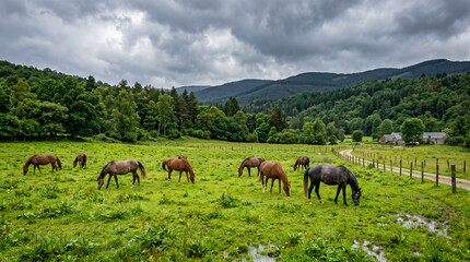 Fototapeta premium Caballos pastando libremente en un exuberante prado verde bajo un cielo gris dramático. Escena rural serena con bosques densos y colinas al fondo tras una lluvia reciente.