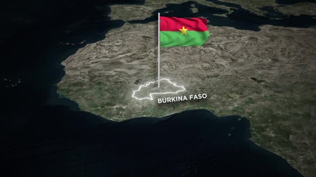 Burkina Faso Map Animation with 3D Waving of Burkina Faso National Flag and Glowing Border on World Map