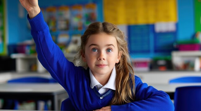 Une jeune &eacute;l&egrave;ve assise &agrave; son bureau, seule en classe avec son professeur, la main lev&eacute;e, pour r&eacute;pondre &agrave; une question, v&ecirc;tue d'un pull bleu et une chemise &agrave; col blanc.