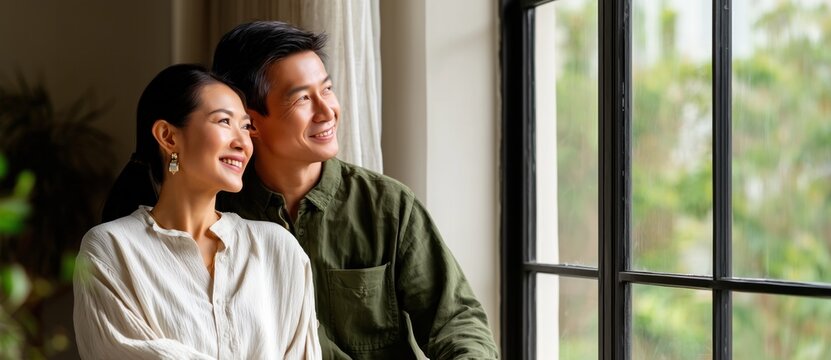 Portrait d'un couple asiatique d'une quarantaine d'ann&eacute;es, assis pr&egrave;s de la fen&ecirc;tre de leur maison, lumi&egrave;re naturelle, complicit&eacute; et expression de bonheur sur le visage, vue panoramique.